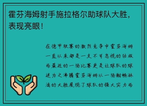 霍芬海姆射手施拉格尔助球队大胜，表现亮眼！