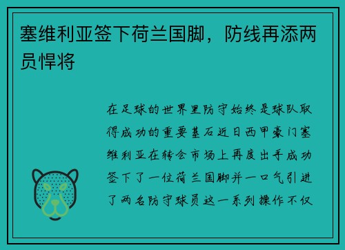 塞维利亚签下荷兰国脚，防线再添两员悍将